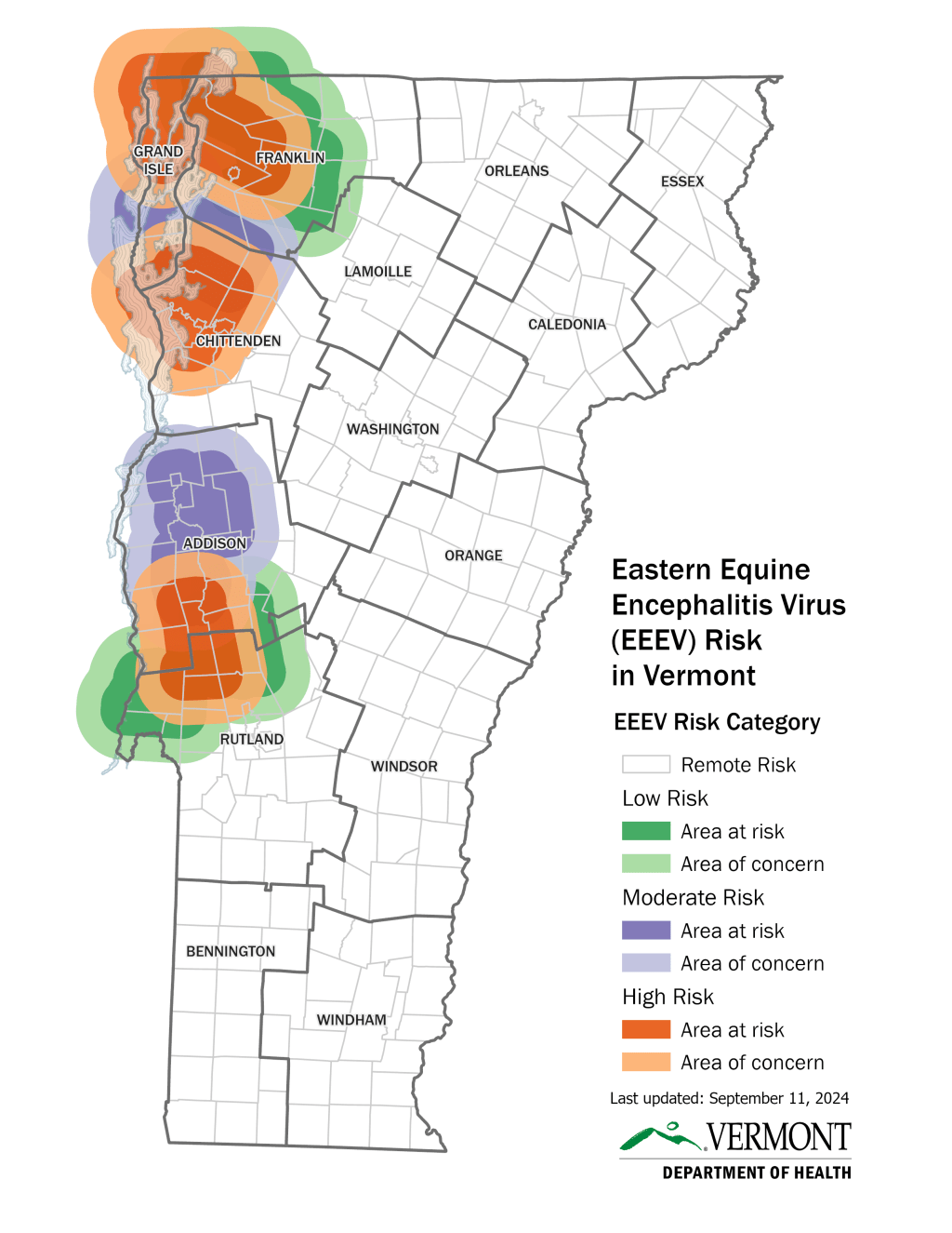 A Map of Vermont showing color coded areas by risk