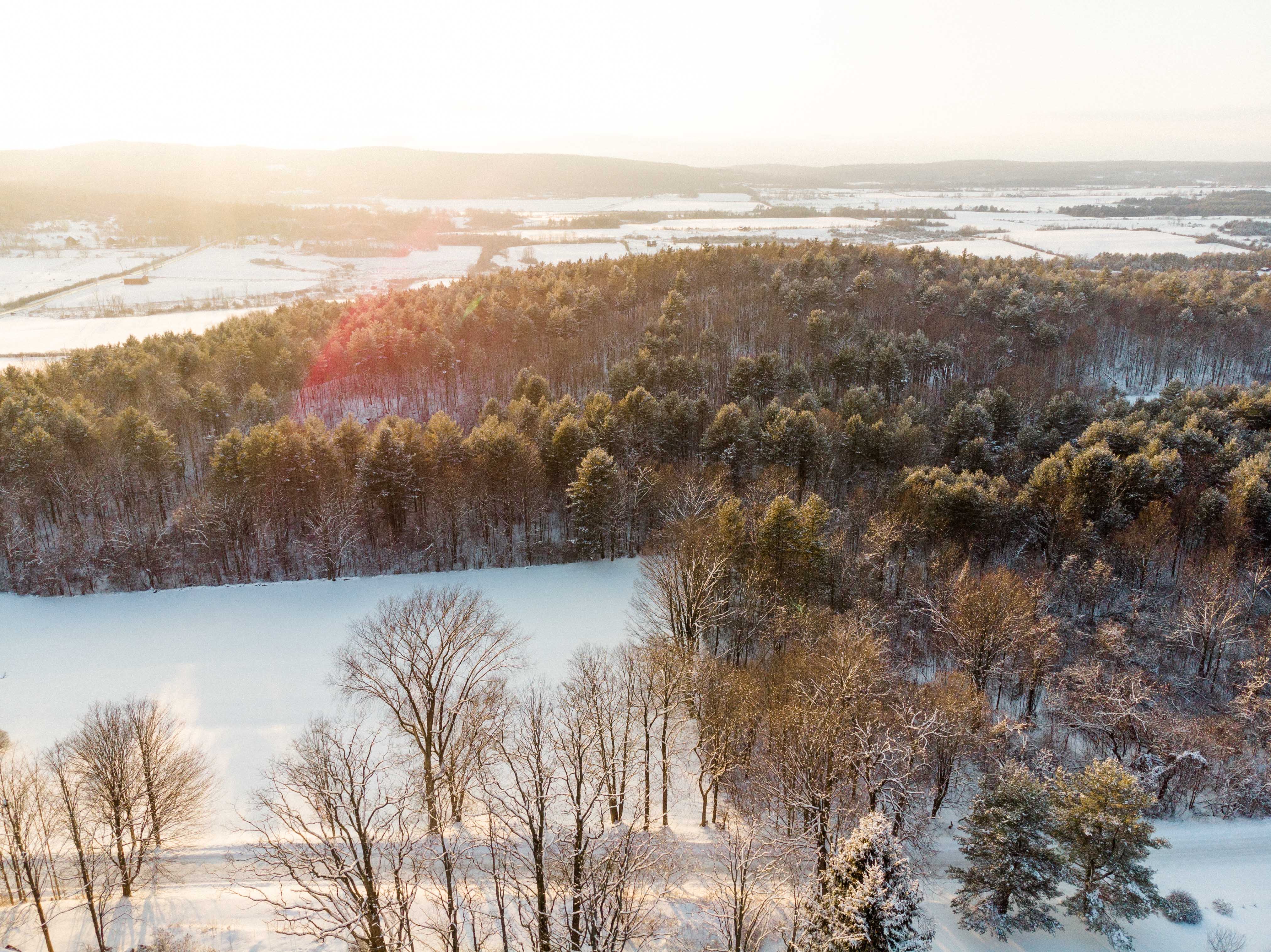 Snow covered fields alternate with a hill covered in trees with the sun low on the horizon